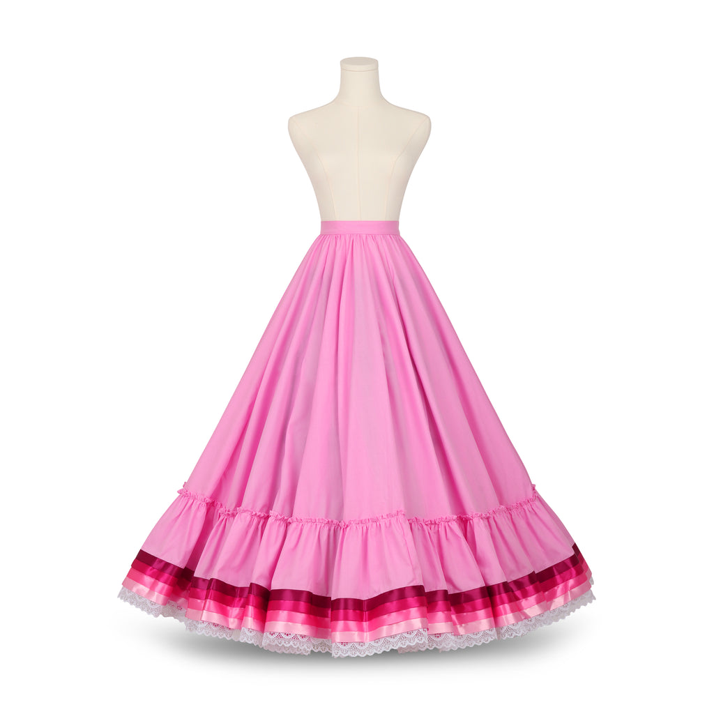 Hoja de Maiz Folklorico Dance Practice Skirt, Doble Vuelo, 4 Ribbons, Rosa