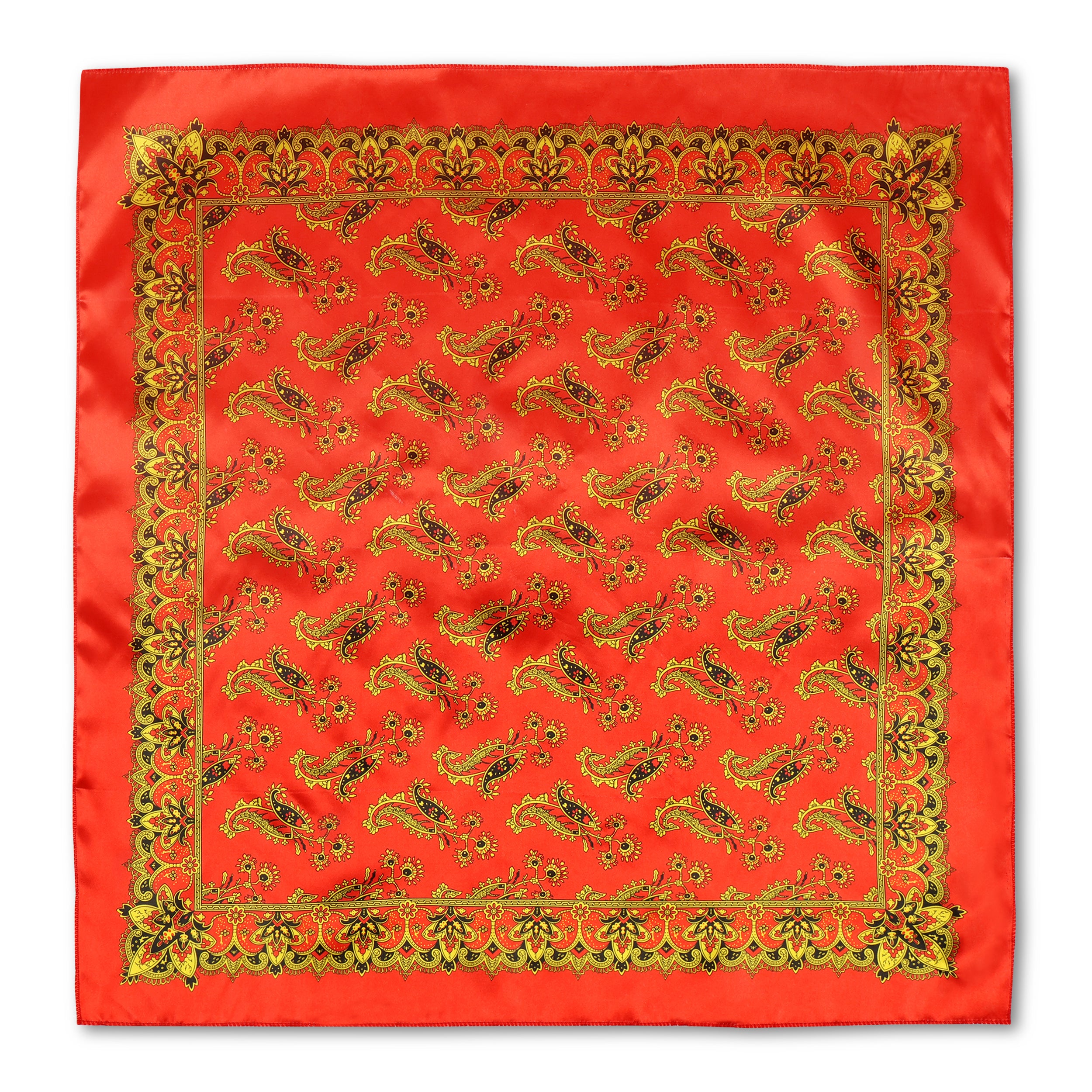 Red satin bandana with gold and black paisley print and floral border.
