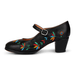 Black leather Mary Jane folklórico dance shoe with multicolor floral embroidery and a mid-height block heel.
