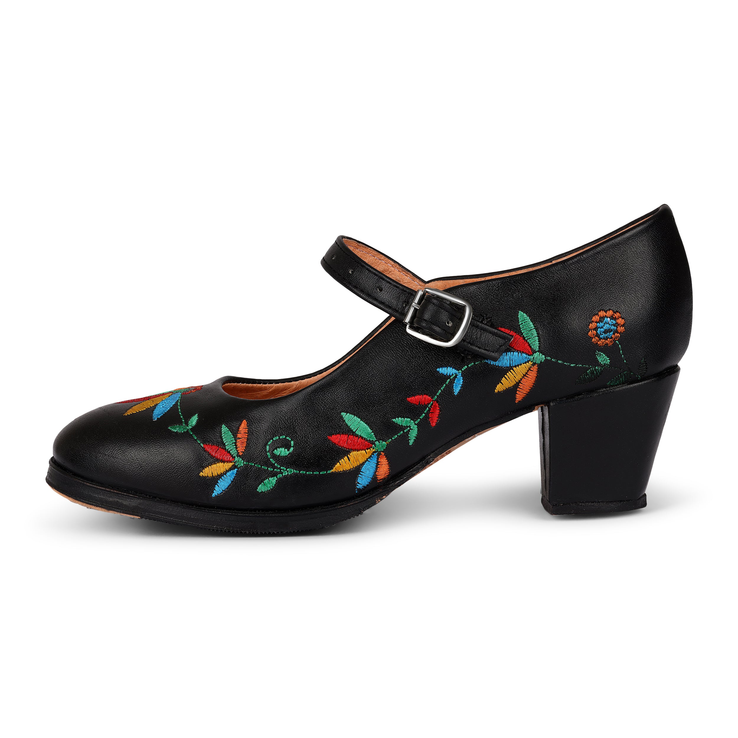 Black leather Mary Jane folklórico dance shoe with multicolor floral embroidery and a mid-height block heel.