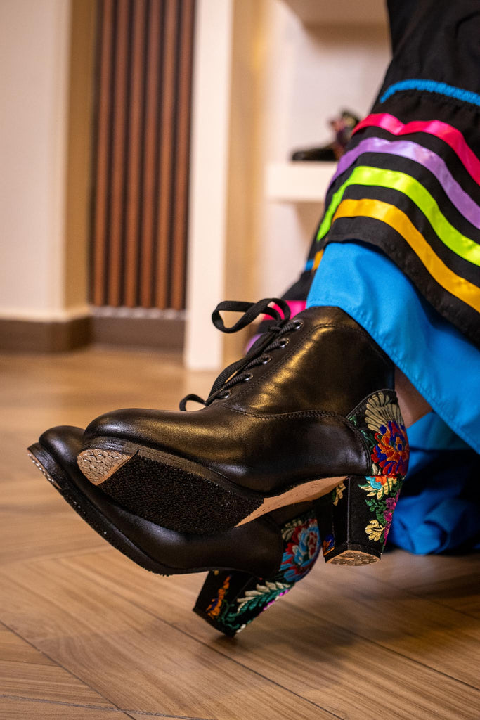 Manzano 185 Women's Folklorico Elena Boot with Nails, Leather with Micro-Embroidered Satin Heel, 6cm Heel [Pre-Orders Ship 12/5/2025]