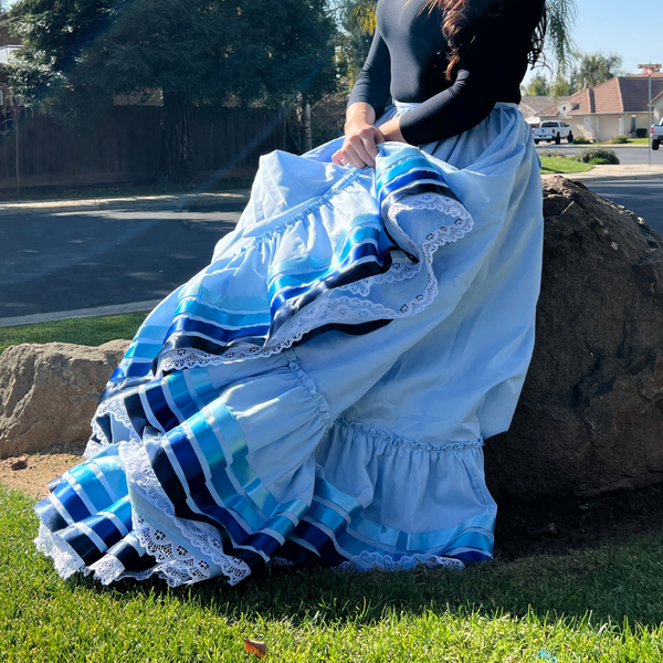 Hoja de Maiz Folklorico Dance Practice Skirt, Poplin Fabric, Doble Vuelo, Cielo