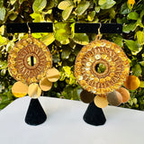 Folklorico Performance Earrings, Mexican Crochet Folklorico Dance Gold Embroidered Earrings with Dangles