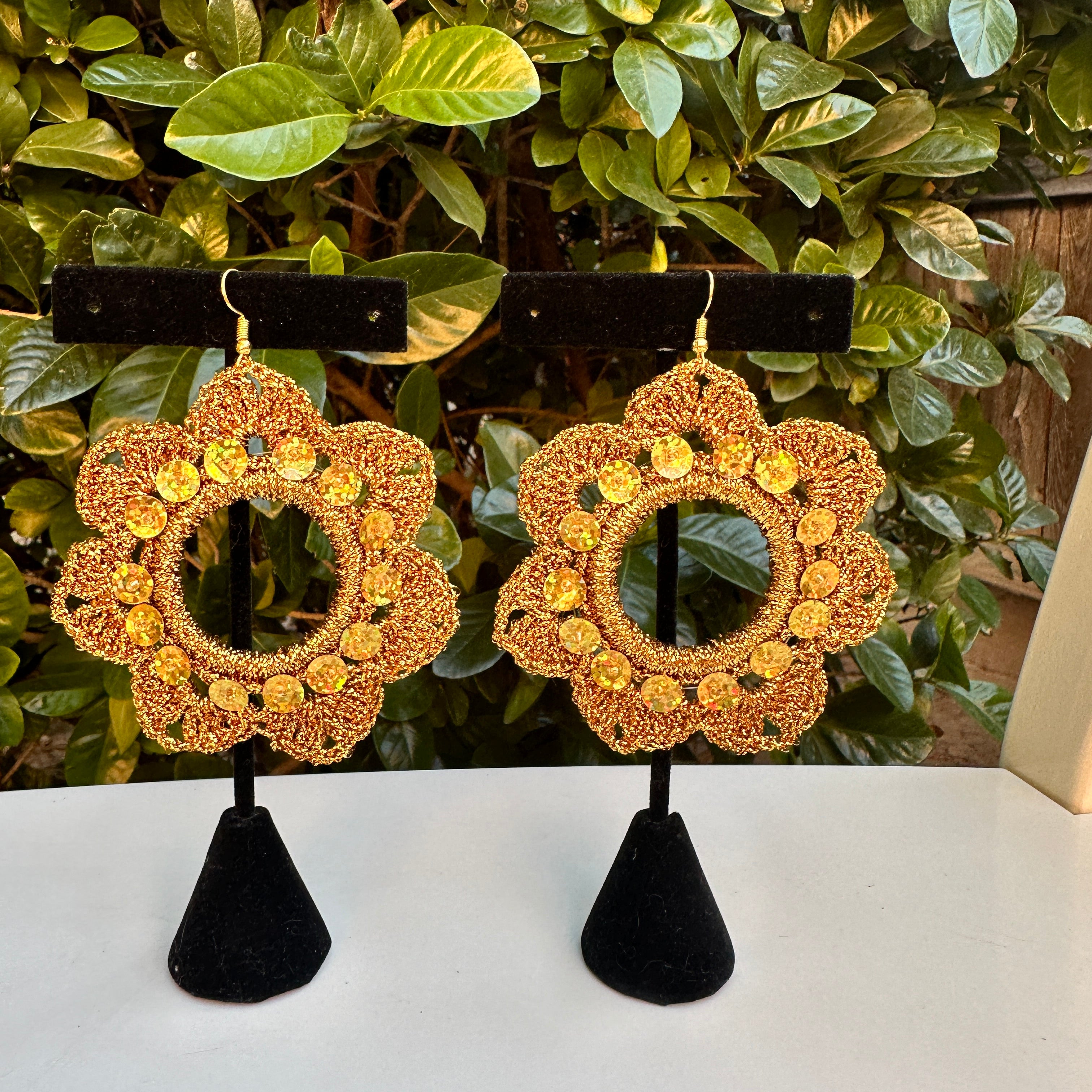 Folklorico Performance Earrings, Mexican Crochet Folklorico Dance Gold Flower Sequins Earrings