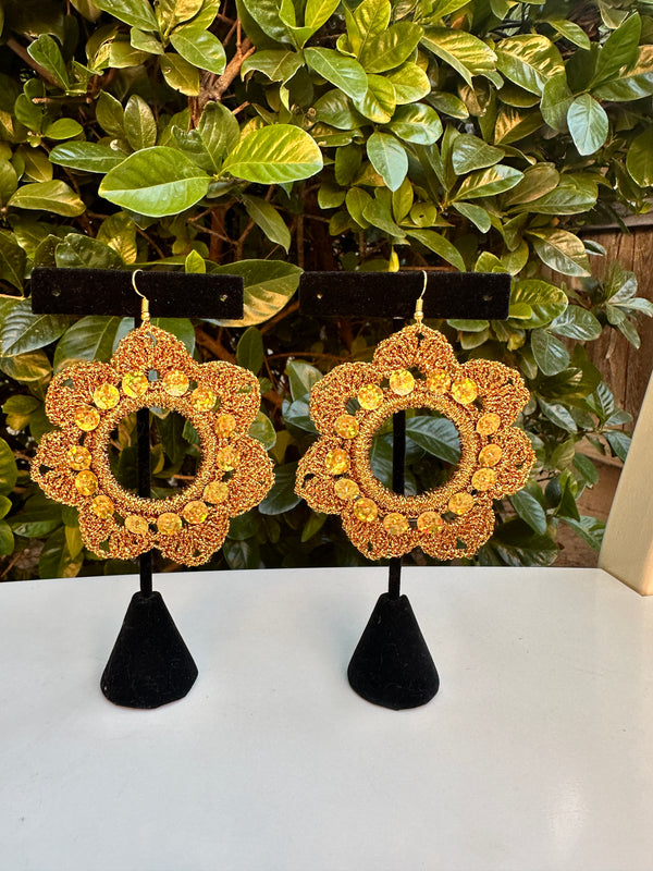 Folklorico Performance Earrings, Mexican Crochet Folklorico Dance Gold Flower Sequins Earrings