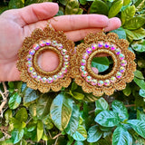 Folklorico Performance Earrings, Mexican Crochet Folklorico Dance Gold Flower Rhinestone Earrings