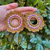 Folklorico Performance Earrings, Mexican Crochet Folklorico Dance Gold Flower Rhinestone Earrings