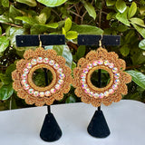 Folklorico Performance Earrings, Mexican Crochet Folklorico Dance Gold Flower Rhinestone Earrings