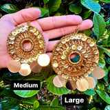 Folklorico Performance Earrings, Mexican Crochet Folklorico Dance Gold Embroidered Earrings with Dangles