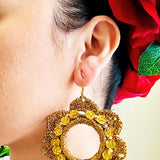 Folklorico Performance Earrings, Mexican Crochet Folklorico Dance Gold Flower Sequins Earrings
