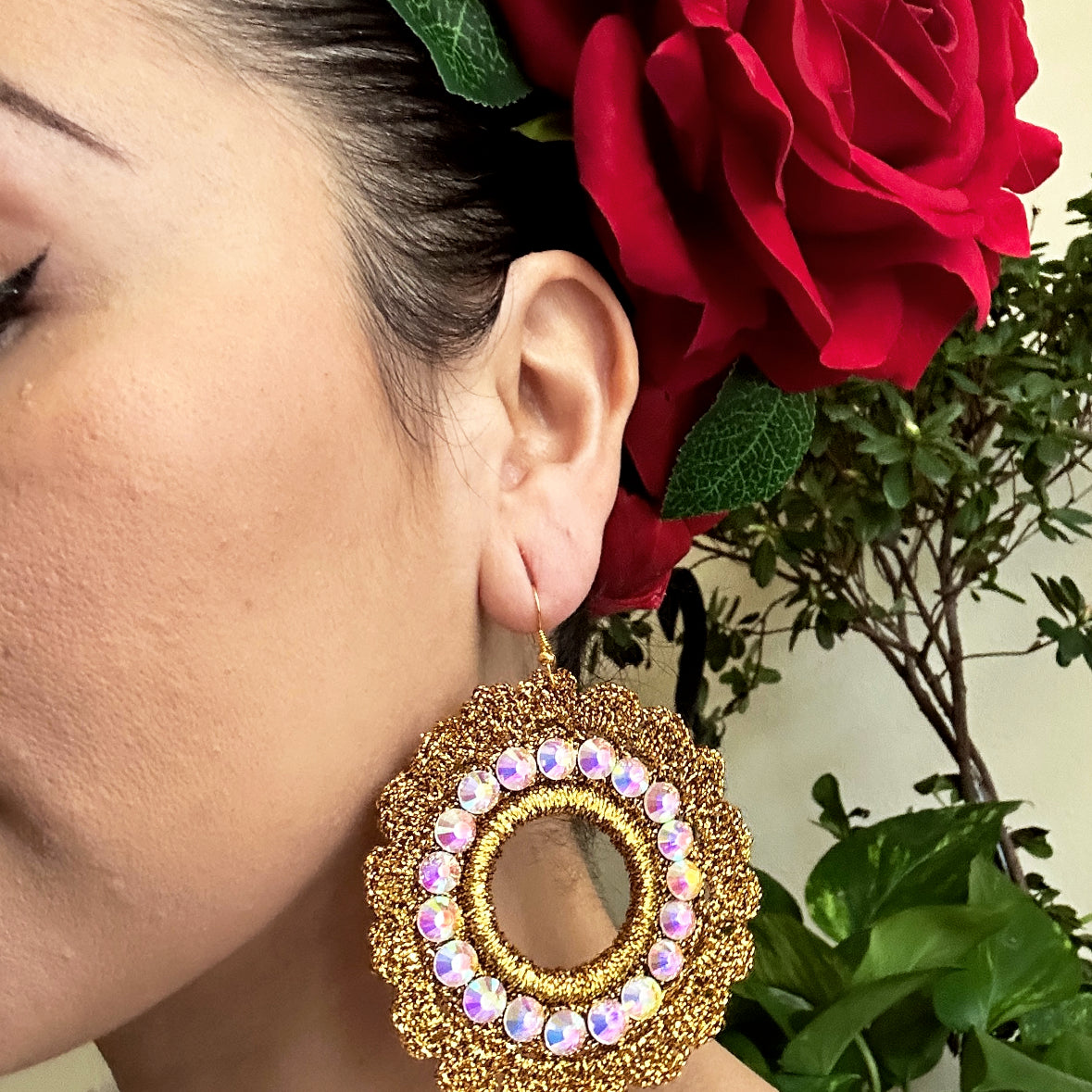 Folklorico Performance Earrings, Mexican Crochet Folklorico Dance Gold Flower Rhinestone Earrings