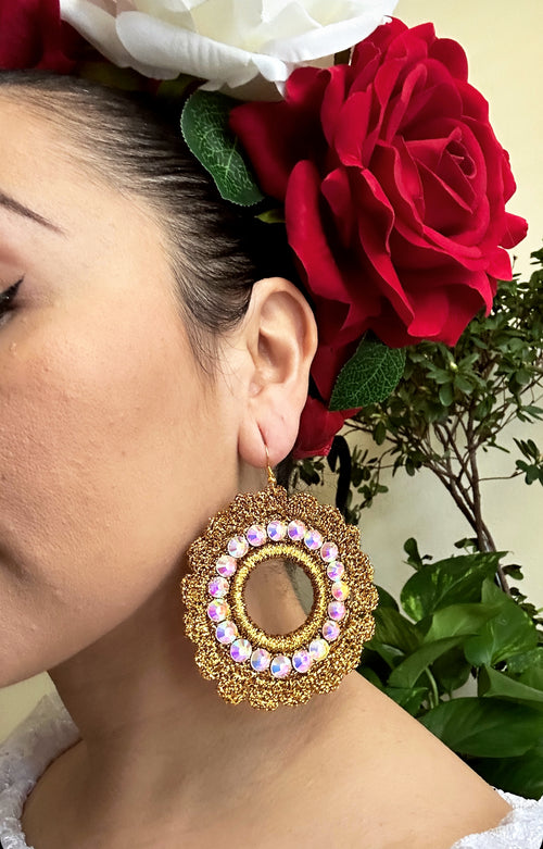 Folklorico Performance Earrings, Mexican Crochet Folklorico Dance Gold Flower Rhinestone Earrings