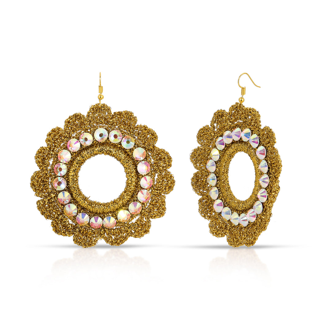 Folklorico Performance Earrings, Mexican Crochet Folklorico Dance Gold Flower Rhinestone Earrings