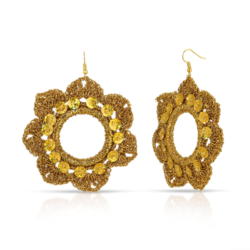 Folklorico Performance Earrings, Mexican Crochet Folklorico Dance Gold Flower Sequins Earrings