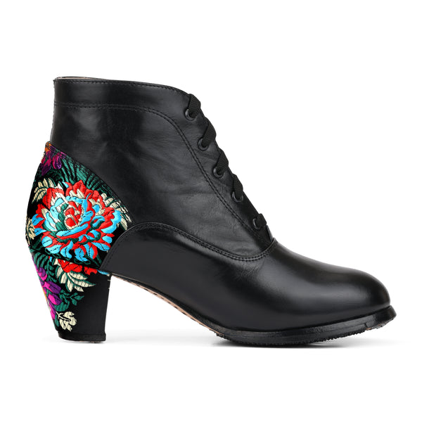 Manzano 185 Women's Folklorico Elena Boot with Nails, Leather with Micro-Embroidered Satin Heel, 6cm Heel