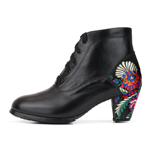 Manzano 185 Women's Folklorico Elena Boot with Nails, Leather with Micro-Embroidered Satin Heel, 6cm Heel