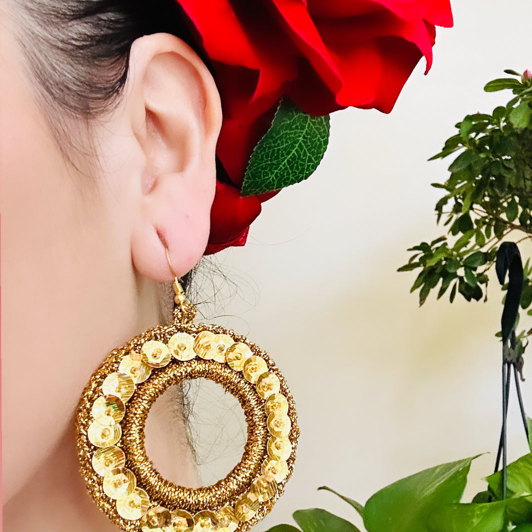Folklorico Performance Earrings, Mexican Crochet Folklorico Dance Gold Circle Embroidered Sequins Earrings