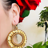Folklorico Performance Earrings, Mexican Crochet Folklorico Dance Gold Circle Embroidered Sequins Earrings