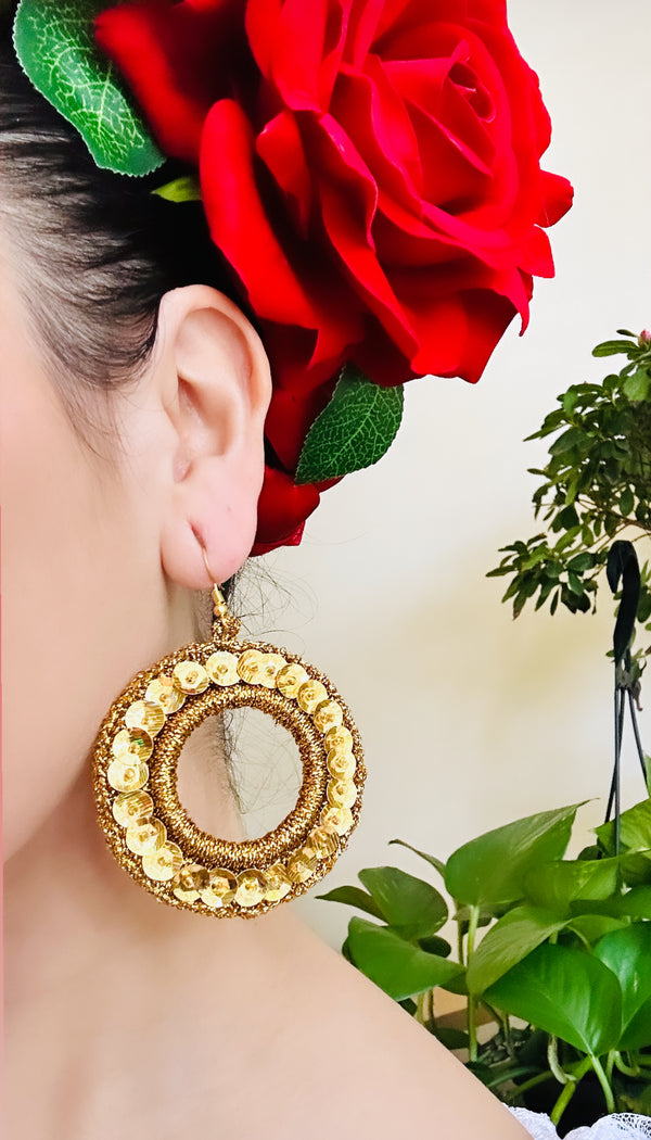 Folklorico Performance Earrings, Mexican Crochet Folklorico Dance Gold Circle Embroidered Sequins Earrings