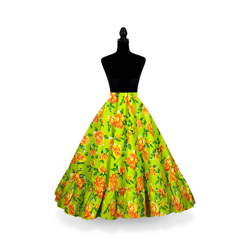 Kakentli Folklorico Dance Practice Skirt, Doble Vuelo, Floral, Lime