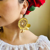 Folklorico Performance Earrings, Mexican Crochet Folklorico Dance Gold Embroidered Earrings with Dangles