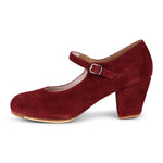 Burgundy suede Mary Jane shoe with ankle strap buckle and stacked block heel.