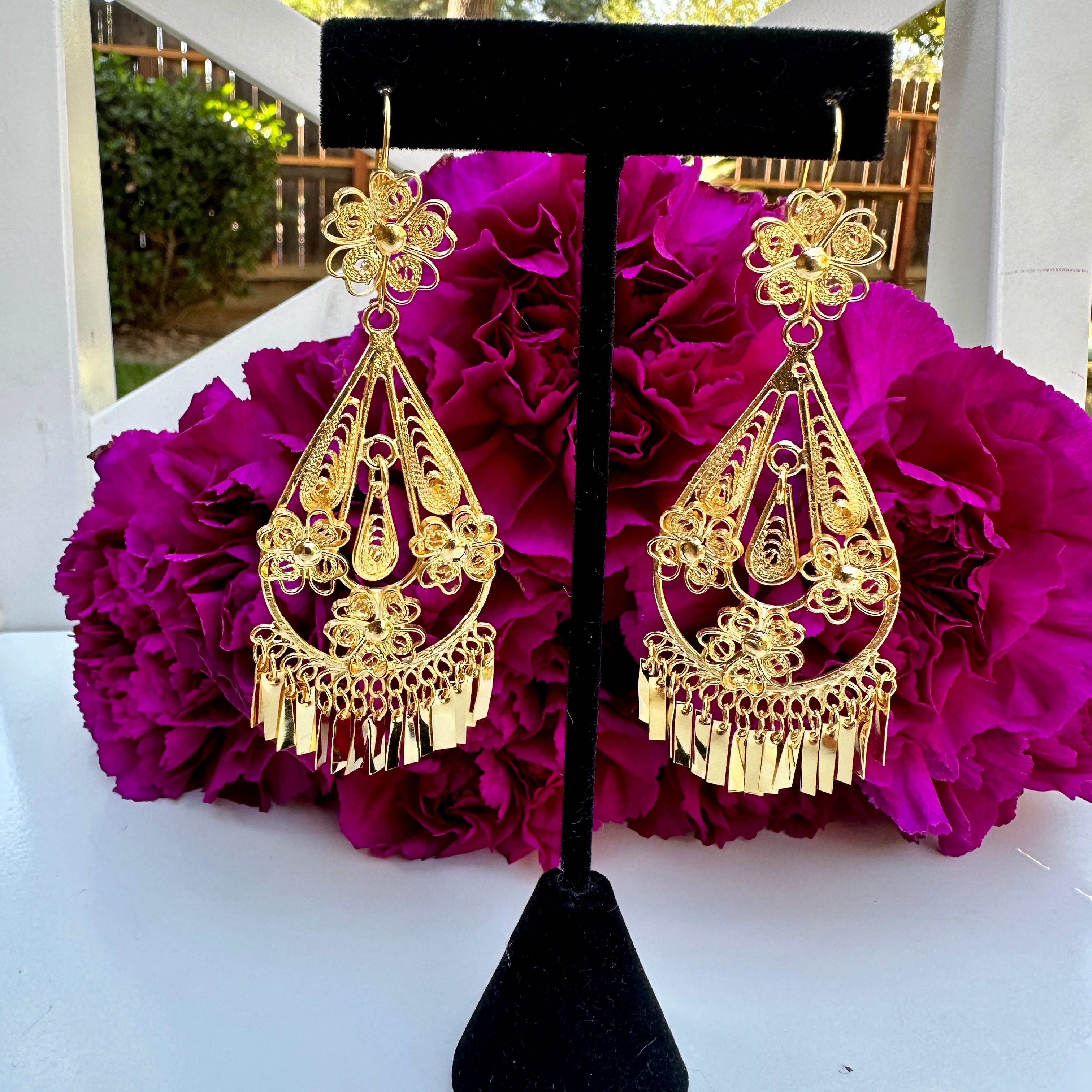 Folklorico Dance Filigree Earrings, Tear Drop with Flowers