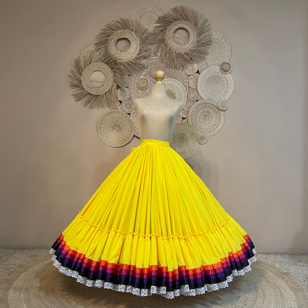 Hoja de Maiz Folklorico Dance Practice Skirt, Doble Vuelo, 4 Ribbons, Canario