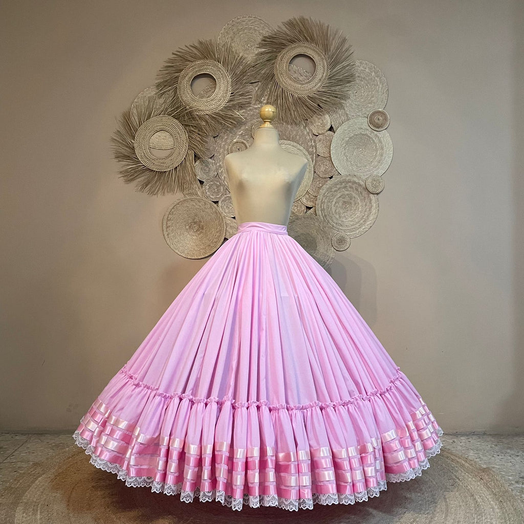 Hoja de Maiz Folklorico Dance Practice Skirt, Doble Vuelo, 4 Ribbons, Rosa Pastel