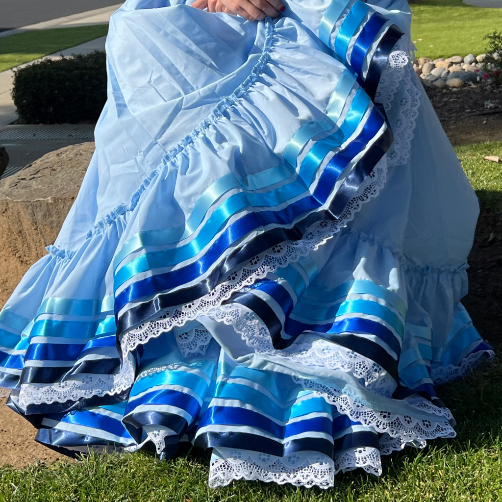 Hoja de Maiz Folklorico Dance Practice Skirt, Poplin Fabric, Doble Vuelo, Cielo