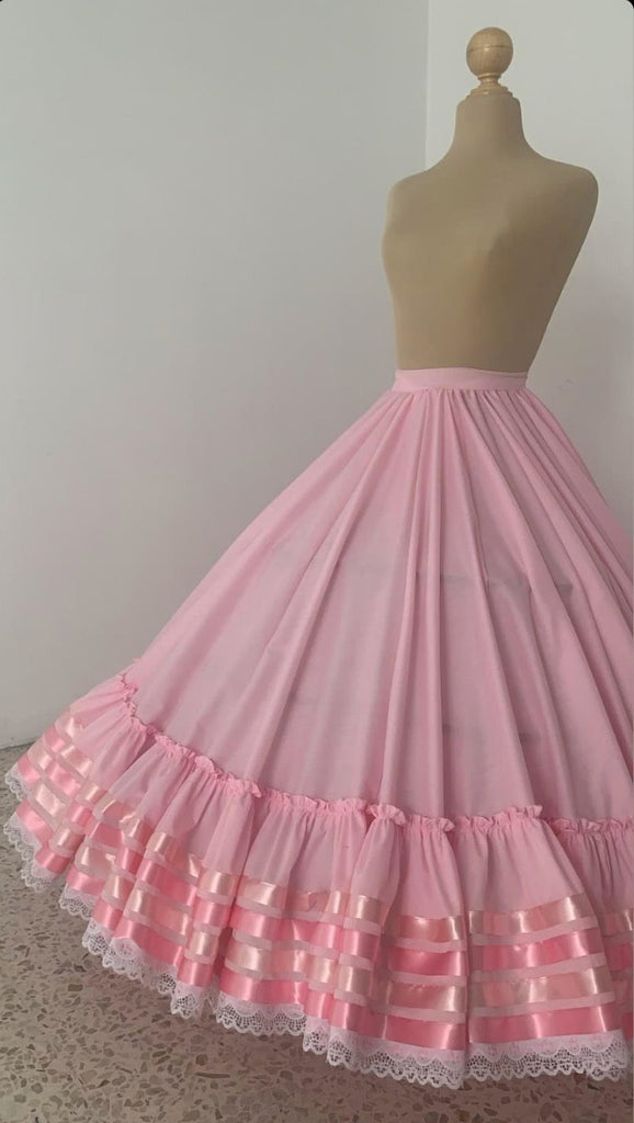 Hoja de Maiz Folklorico Dance Practice Skirt, Doble Vuelo, 4 Ribbons, Rosa