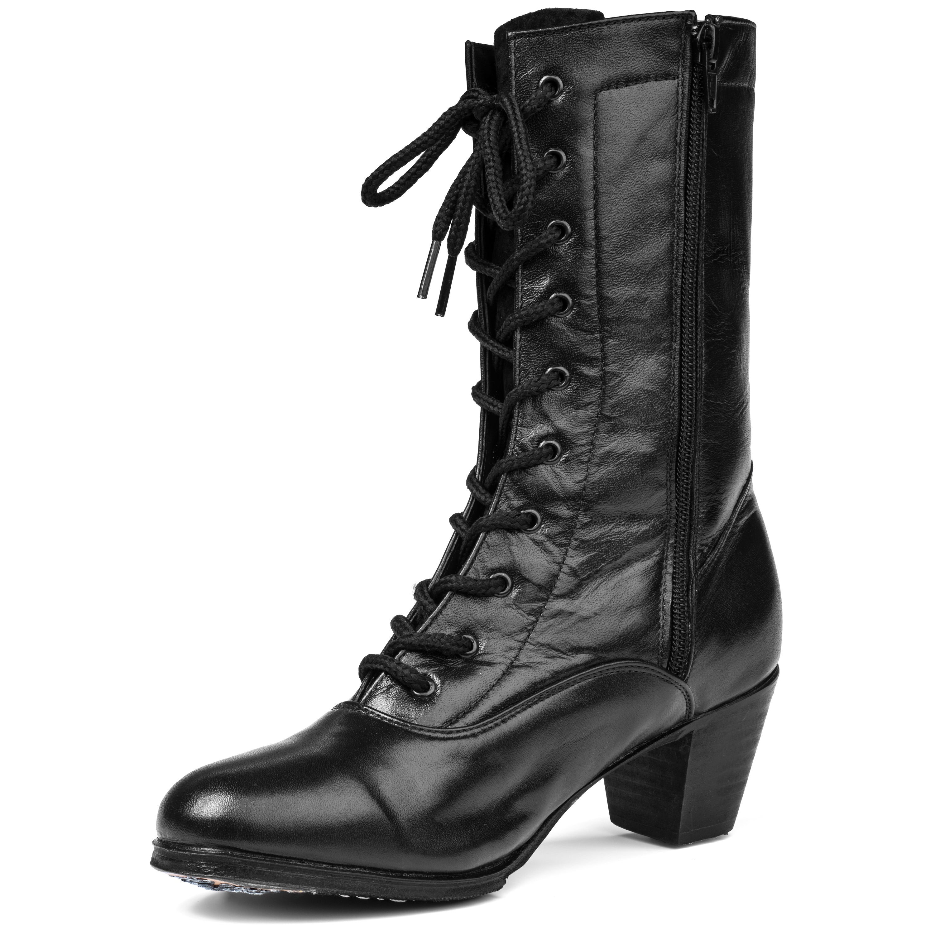 Black leather lace-up Adelita boot with side zipper and stacked block heel.