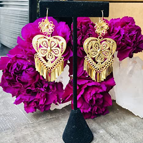 Folklorico Dance Filigree Earrings, Heart Shaped