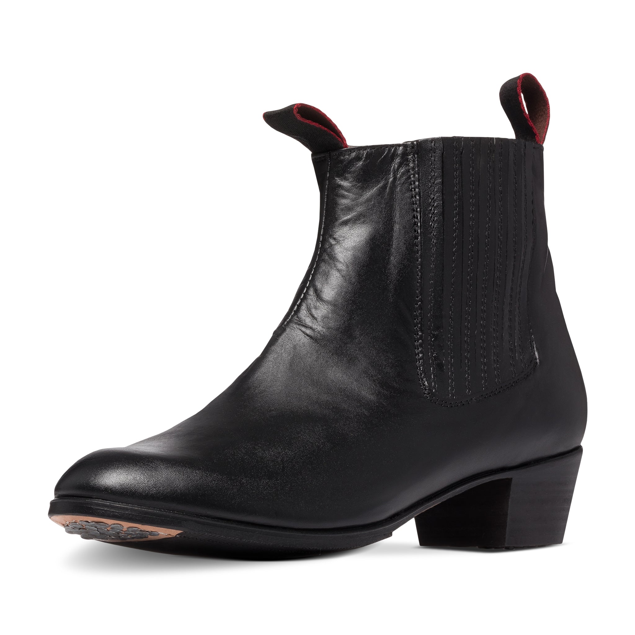 Black leather Chelsea-style folklórico dance boot with pull tabs and a stacked block heel.