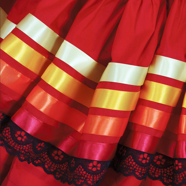 Hoja de Maiz Folklorico Dance Practice Skirt, Poplin Fabric, Doble Vuelo, 4 Ribbons, Red
