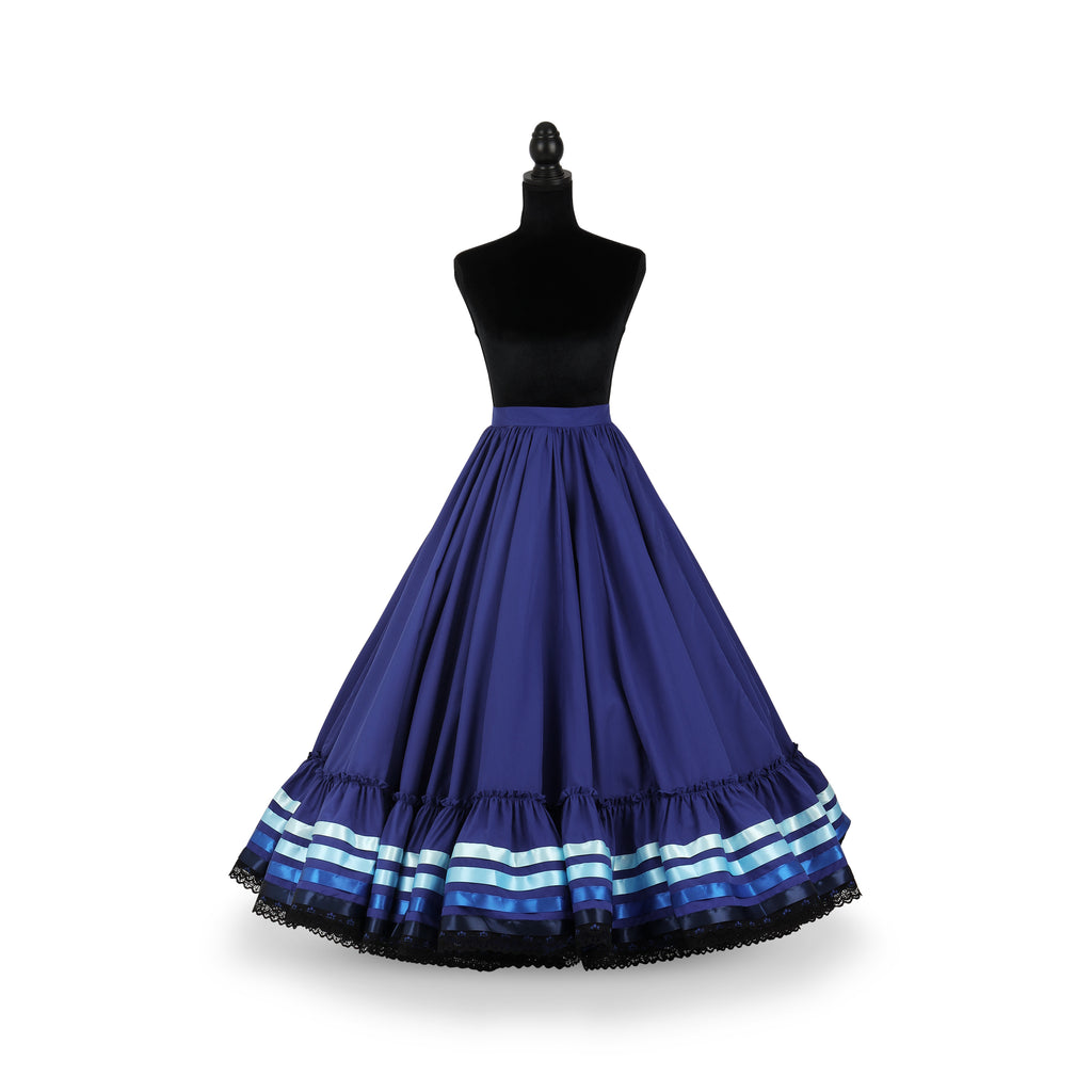 Hoja de Maiz Folklorico Dance Practice Skirt, Poplin Fabric, Doble Vuelo, 4 Ribbons, Azul Rey