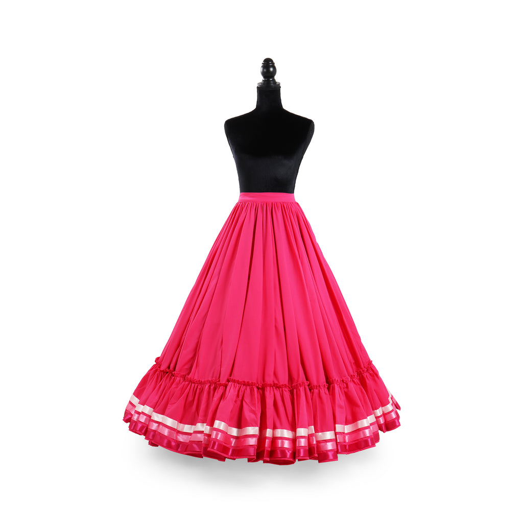 Hoja de Maiz Folklorico Dance Practice Skirt, Doble Vuelo, 3 Ribbons, Rosa Mexicano